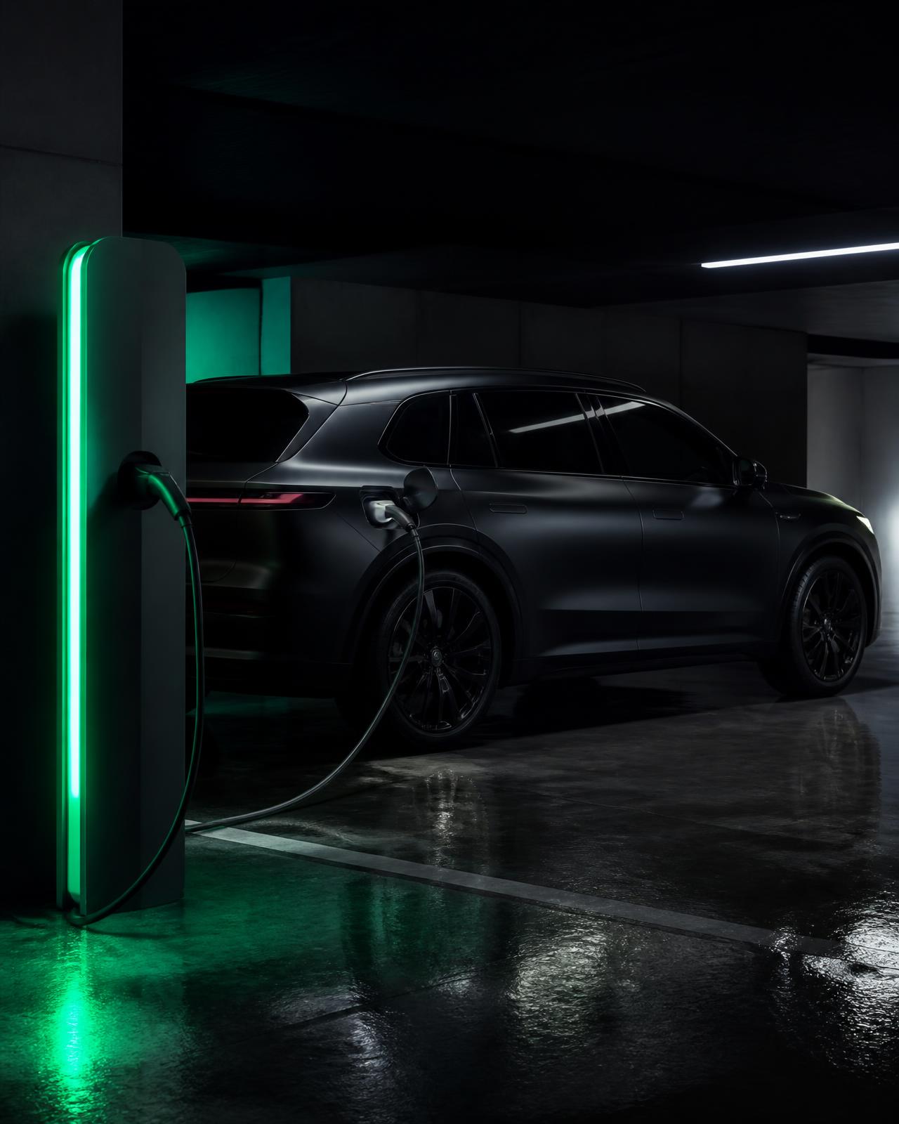 Karanlık bir premium otoparkta yeşil ışıklı şarj istasyonuna bağlı siyah elektrikli araç